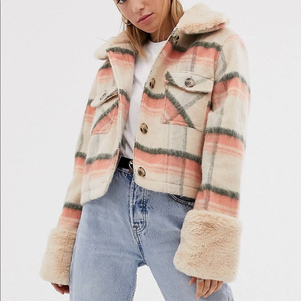 Plaid faux fur trim coat